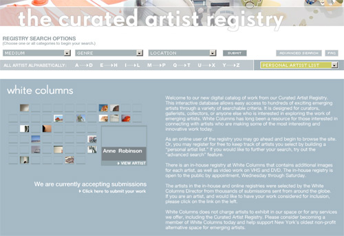 White Columns Artist Registry. Screengrab AFC White Columns Artist Registry. Screengrab AFC