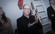 Jerry Saltz shows off our caped figurine trophy (Photo: Jessica Yatrofsky) Jerry Saltz shows off our caped figurine trophy (Photo: Jessica Yatrofsky)