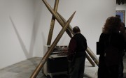 Lutz Bacher, "Pipe Organ", 2009-11, tin, paint, speakers, wire and Yamaha organ, four pipes: 144 x 8 x 8 inches