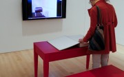 The Red Krayola, "Portal", 2012, virtual presence with table, bench, computer interface with Skype, speakers